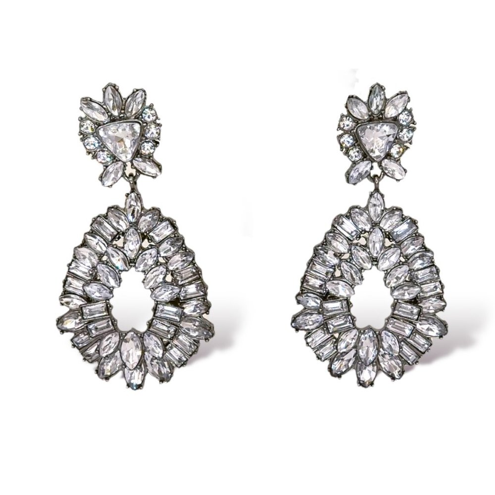 NEW Badgley Mischka Crystal Gunmetal Hoop Chandelier Earrings Art Deco Jewelry